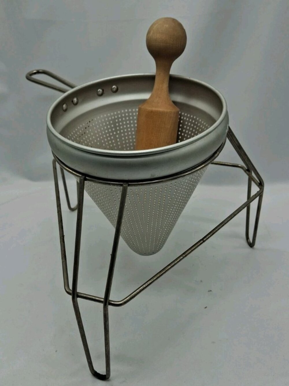 Vintage Aluminum Cone Colander/Strainer & Legs & Wood pestle